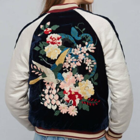 Free People Floral Embroidered Bird Silk Velvet Bomber Jacket S Rare